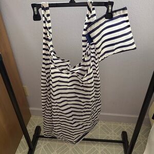 BIG BAGGU Blue White Striped Reusable Foldable Tote Bag Small Zipper Pouch